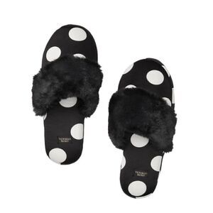Victoria Secret Slippers Satin Fur Trim Black Polka Dot Pattern Size 9/10 L